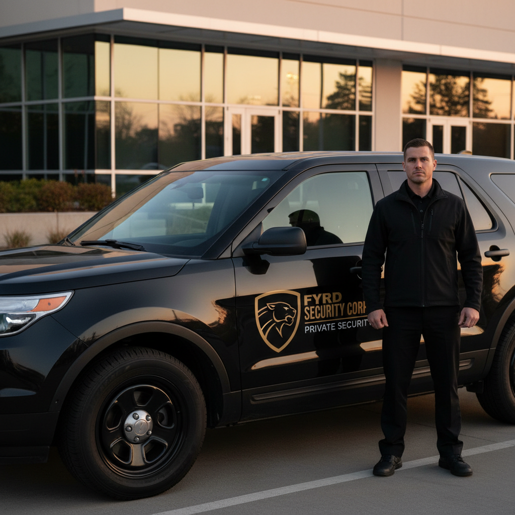 A Fyrd Security Corp mobile patrol vehicle and officer at an industrial business park at dusk