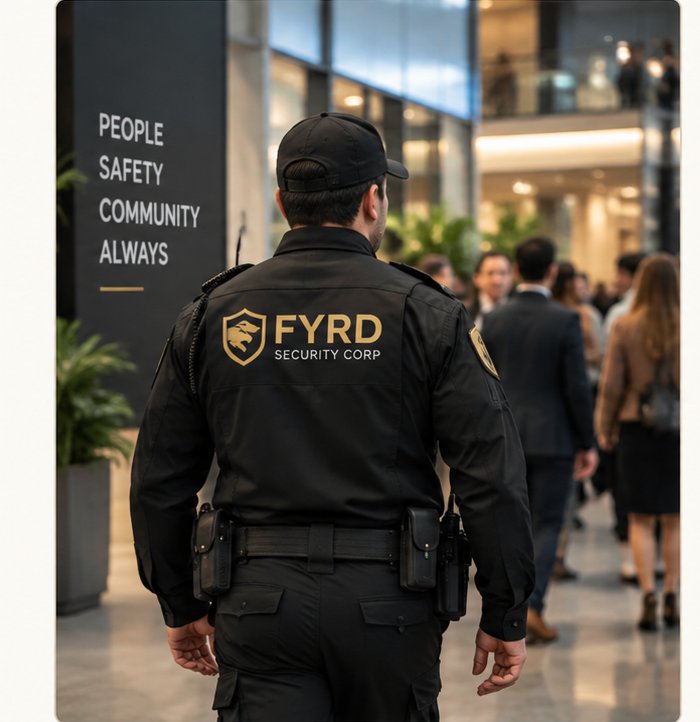 A Fyrd Security Corp unarmed officer providing a visible security presence in a corporate lobby