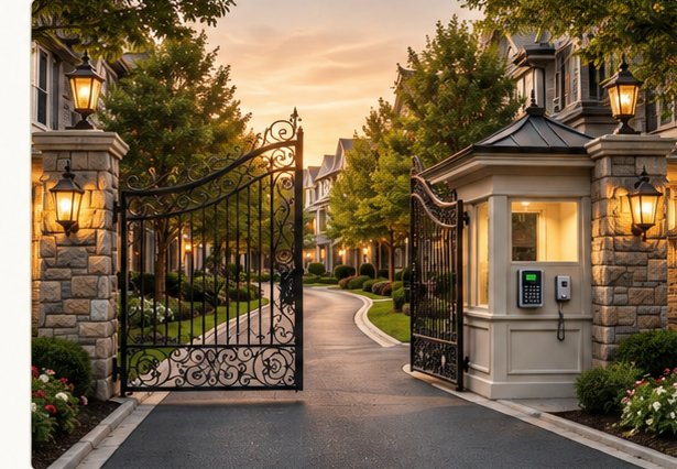 The gated entrance and access-control point of an upscale residential community protected by Fyrd Security Corp