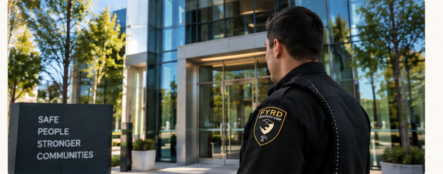 A Fyrd Security Corp officer monitoring the entrance of a modern commercial office building