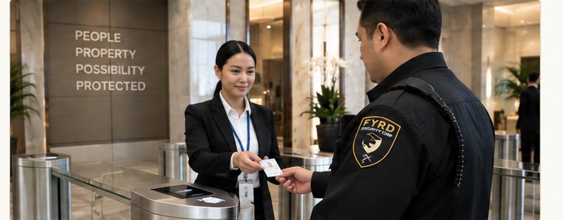 A Fyrd Security Corp concierge checking a visitor's credential at a modern lobby access-control turnstile