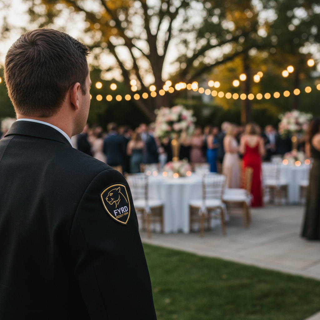 A Fyrd Security Corp officer with the shoulder patch visible, providing discreet security at an upscale outdoor evening event